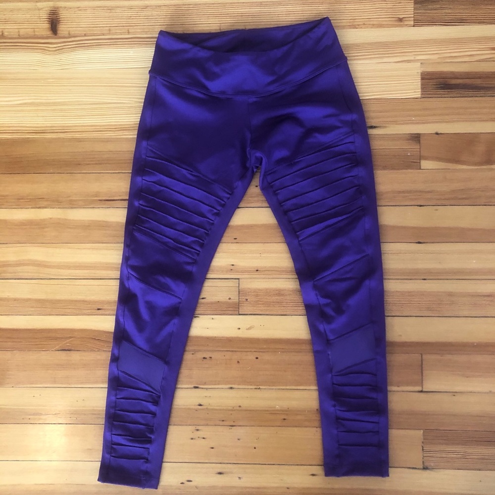 Purple full length moto leggings with mesh